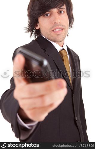 Business man offering cellphone, isolated over white