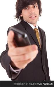 Business man offering cellphone, isolated over white