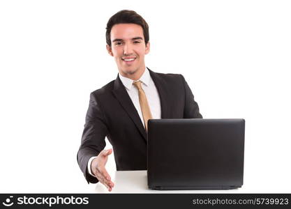 Business man offering handshake, isolated over a white background