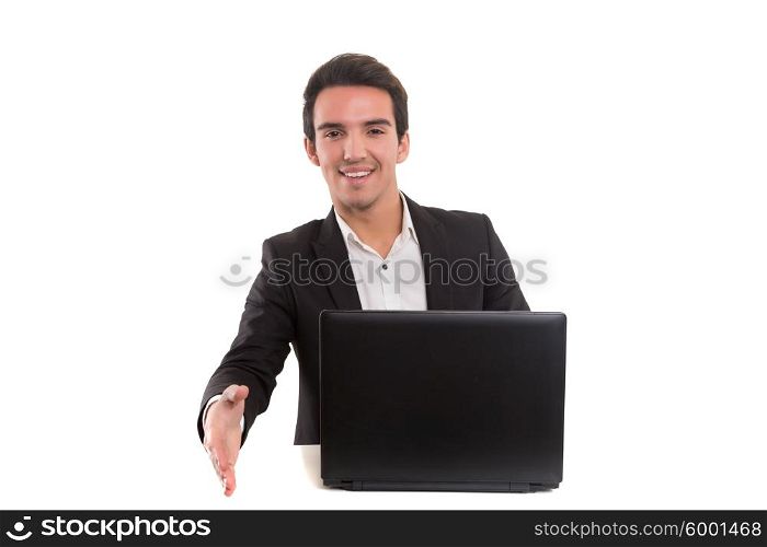 Business man offering handshake, isolated over a white background