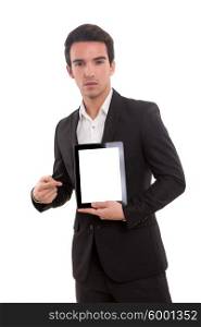 Business man presenting your product in a tablet computer