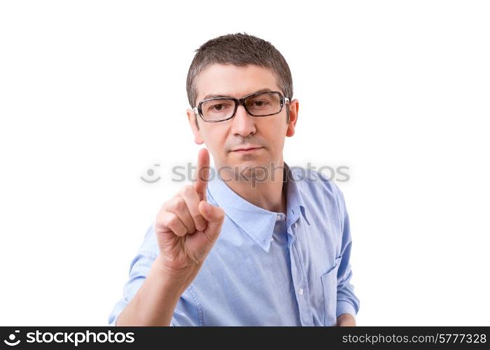 Business man pressing key, isolated over white