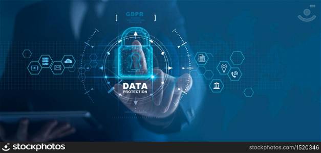 Business man protecting data personal information on tablet and virtual interface. Data protection privacy concept. GDPR. EU. Cyber security network. Padlock icon and internet technology networking connection on digital background.