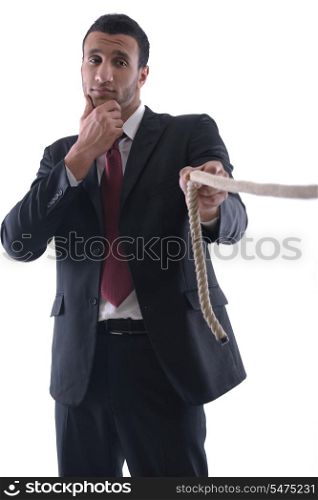 Business man pulling and bond tied with rope concept isolated on white background in studio