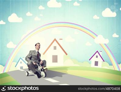 Business man riding bike. Young handsome businessman riding three wheeled bicycle