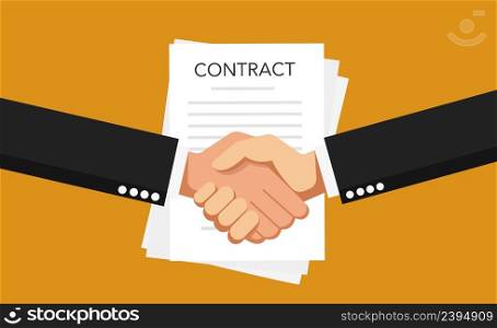 Business man shaking hands firmly for a signed contract with a green check mark. Modern flat style vector illustration.. Business man shaking hands firmly for a signed contract with a green check mark. Modern flat style vector.