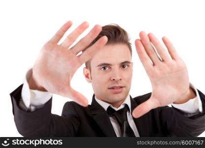 Business man showing framing hand gesture - isolated on white
