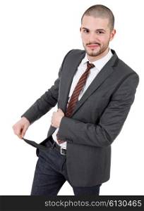 business man showing his empty pocket, isolated