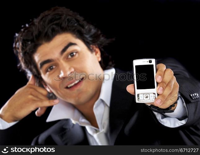 business man showing his phone signalling to call him