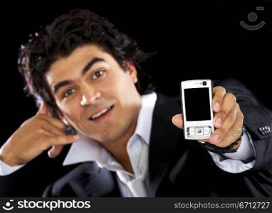 business man showing his phone signalling to call him