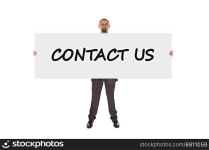 Business man showing large sign, Contact us