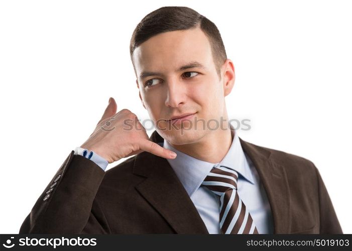 Business man showing phone sign with his hand isolated on white