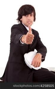 Business man showing thumb up, isolated over white