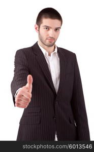 Business man showing thumb up, isolated over white