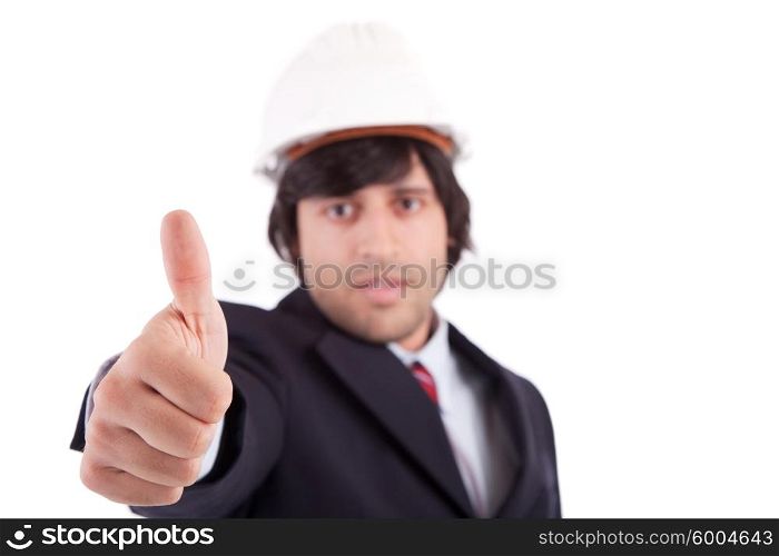 Business man showing thumb up - selective focus on hand
