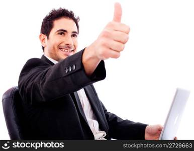 Business man Showing thumbs up on white isolated background