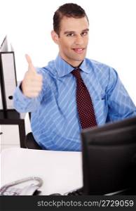 Business man showing thumbs up over isolated white background