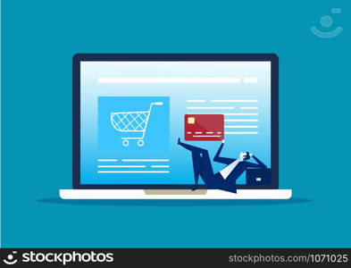 business man sitting on plastic credit card looking at screen of computer, boy with money