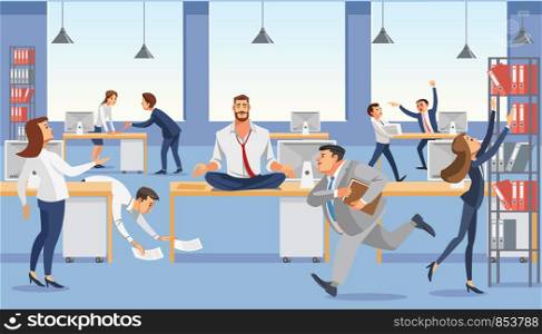 Business man sitting on table and ceep calp in meditation relax. Office workers stressing and hurry up with deadline. Fun cartoon characters. Vector illuctration of job situation in office interior.