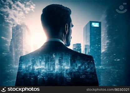 Business man standing back with cityscape in office skyscraper  , Generative Ai