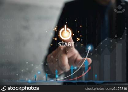 Business man startup concept. icon business and network connection on modern virtual interface. Entrepreneurship. Business planning, start up with business growth graph