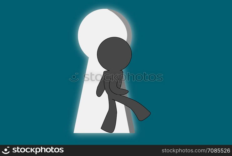Business man step out of giant keyhole, 3D rendering