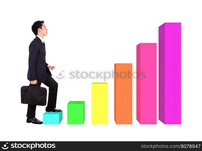 business man stepping forward on a growing 3d bar graph