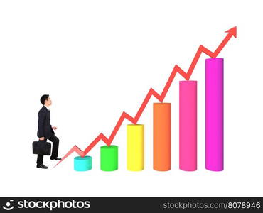 business man stepping forward on a growing 3d bar graph with arrow