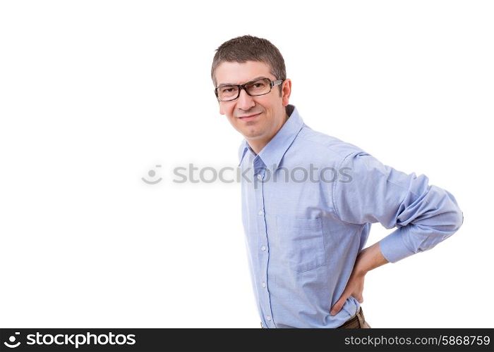 Business man suffering from back pain, isolated over white