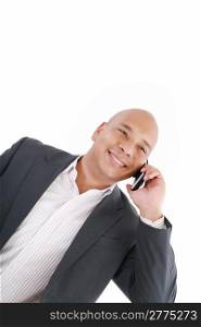 Business man talking on cell phone. Pleasant Look. One White. Business Casual Look
