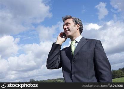 Business man talking on mobile phone in meadow