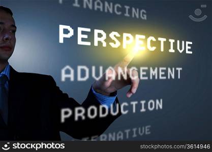 Business man touching virtual display. Business and technology concept