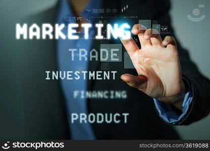 Business man touching virtual display. Business and technology concept