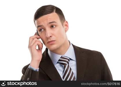 Business man using cellphone. Isolated on a white background.