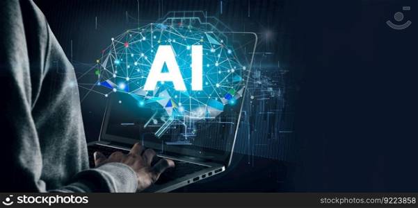 business man using laptop ai on computer AI technology digital graphic design black background, AI machine learning brain intelligent  science and artificial intelligence technology innovation