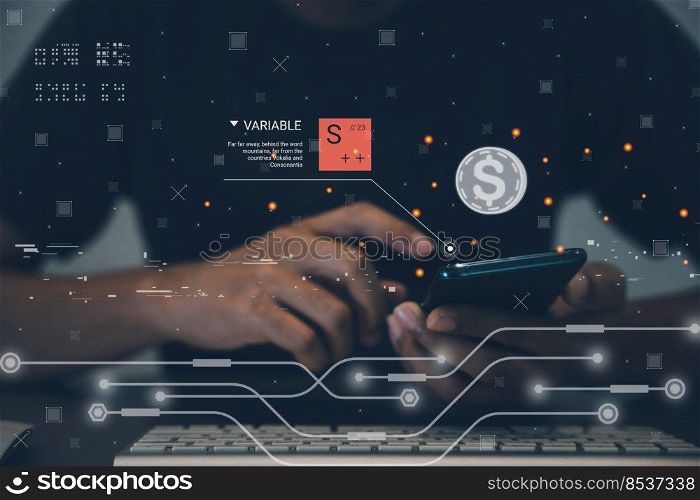 Business man using mobile smart phone with global internet network big data connection metaverse application technology and finance banking digital market payment, future virtual digital interface