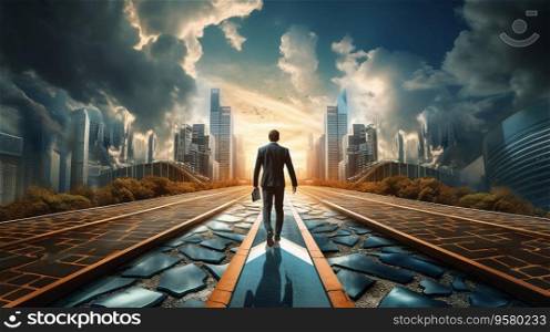 Business man walking on the long path road. Abstract business problem solving. Surreal Generative AI