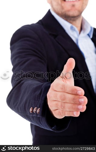 Business man welcomes you with open hand on a white background