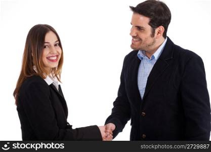 Business man welcoming a women by shake hands on a white background