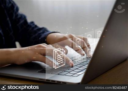 business man who uses a computer to manage documents document management concept digital document online document database and digital file storage systems, record-keeping software database technology