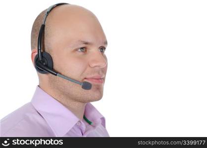Business man with a headset isolated on white background