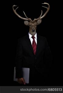 business man with deer head in the dark
