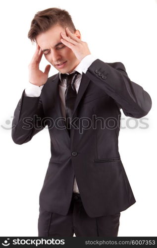 Business man with headache, isolated in white background