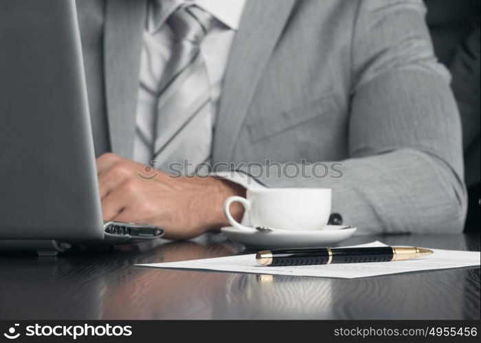 Business man working. Close up of business man working with documents and laptop in office