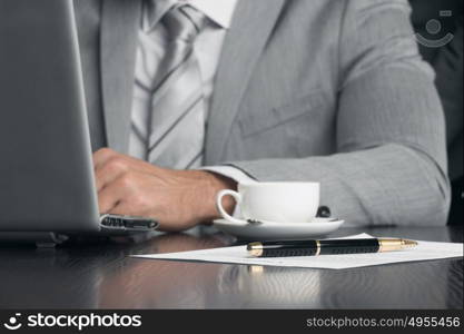 Business man working. Close up of business man working with documents and laptop in office