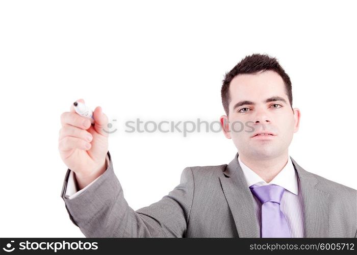 Business man writing on white board - isolated