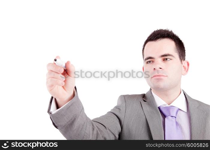 Business man writing on white board - isolated