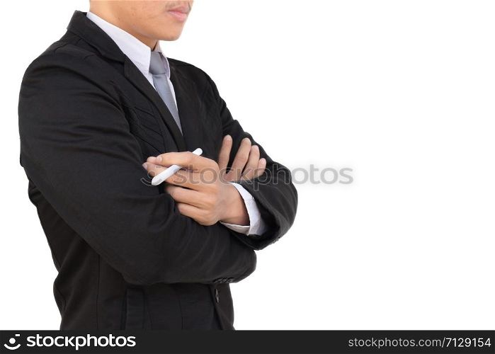 Business man writing with marker isolated on white background