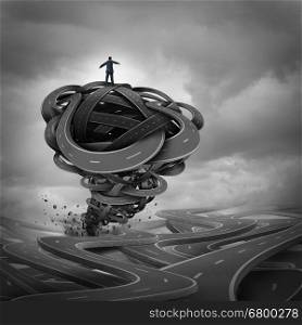 Business management concept as a businessman on top of a group of tangled roads shaped as a violent destructive storm tornado or hurricane as a financial risk metaphor with 3D illustration elements.