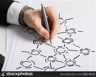 business, marketing, planning and people concept - close up of male hand with pen drawing graph on white paper